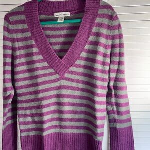 Sweater Project Women's V-Neck Purple & Gray Stripes LARGE